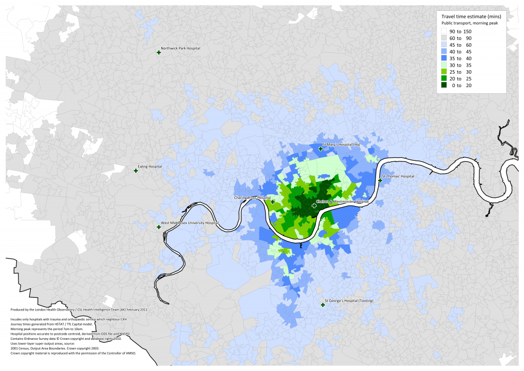 Travel Time Isochrone for Chelsea & Westminster Hospital